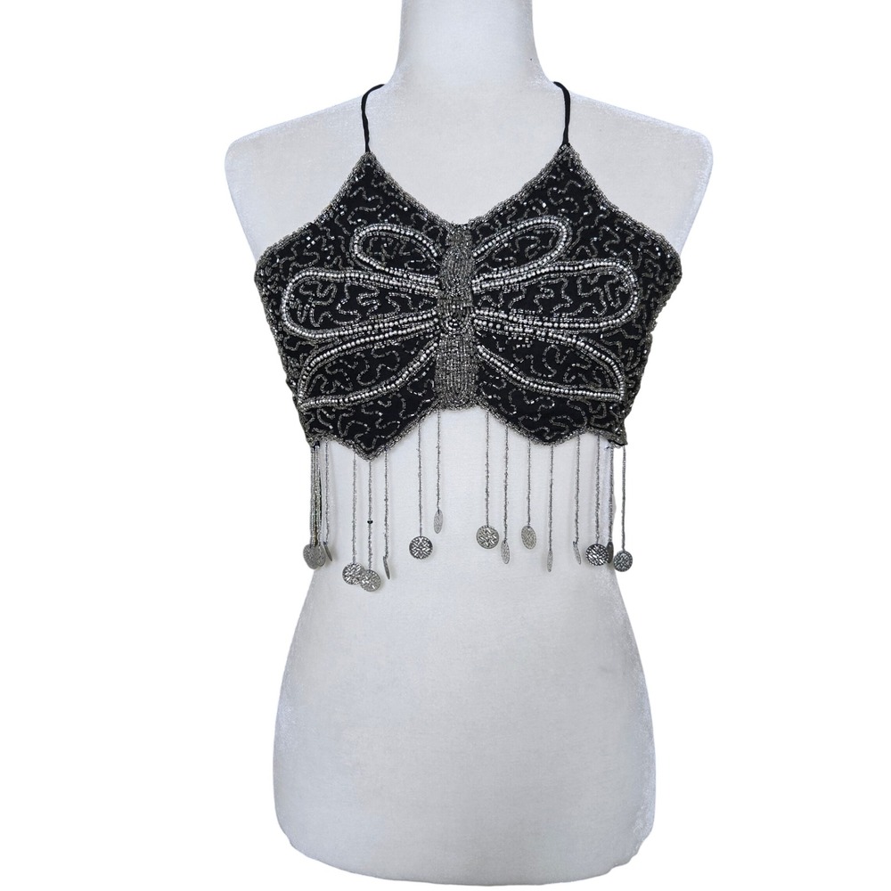 Unbranded OS Butterfly Halter Top Womens Black Excellent Beaded Coin Fringe Y2K